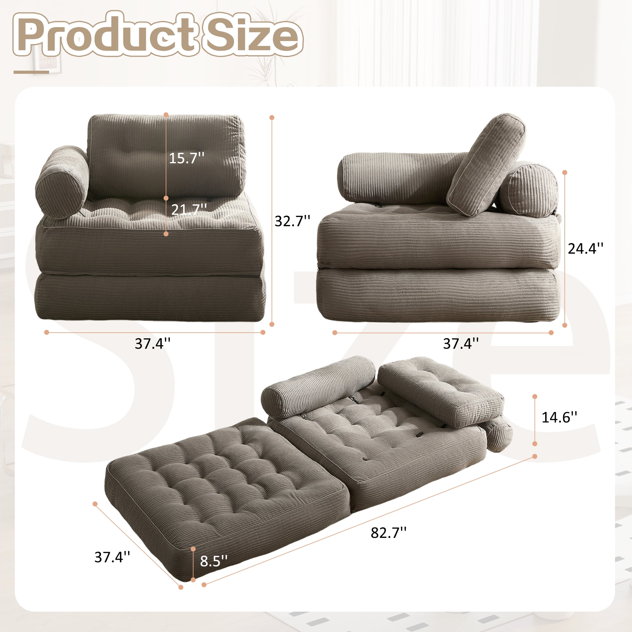 LAKPS Convertible Floor Sofa Bed Plus, Corduroy Modular Lounge Chair with Backrest & Pillow, Folding Tatami Sofa Sleeper for Living Room, Bedroom, Dorm, Gray