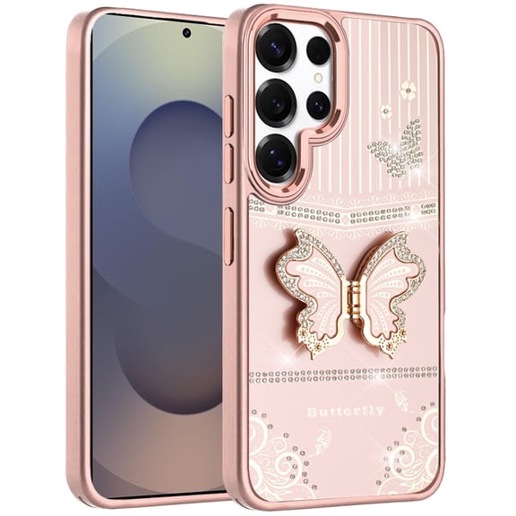 For Samsung Galaxy S25 Ultra Glitter Butterfly Case with 3D Stand Sparkle Hybrid Metallic Edges Protective Phone Cover Slim Fit [Rose Gold]