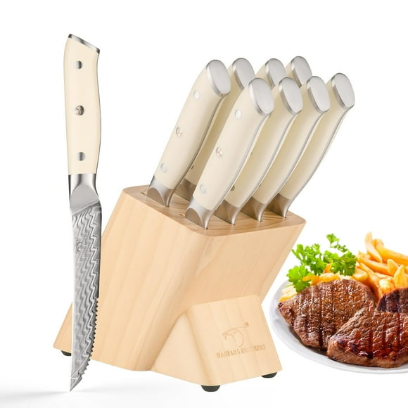 Damascus Steak Knives Set of 8 with Knife Block, 5 Inch Serrated Kitchen Dinner Steak Knife Set, Full Tang Non-slip ABS Ergonomic Triple Rivet Handle for Gift, Natural Wooden Block