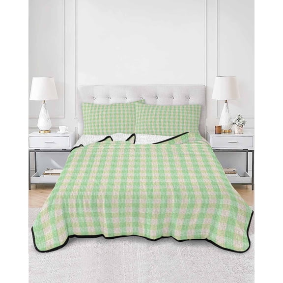 Quilts Full Size, Sage Green Soft Comforter Bedding Set for Bed, Grid Checkered Plaid Gingham Lattice Trellis Lightweight Quilted Bedspread with Pillow Cover(2 Pieces) for All Season, 78x90 Inch
