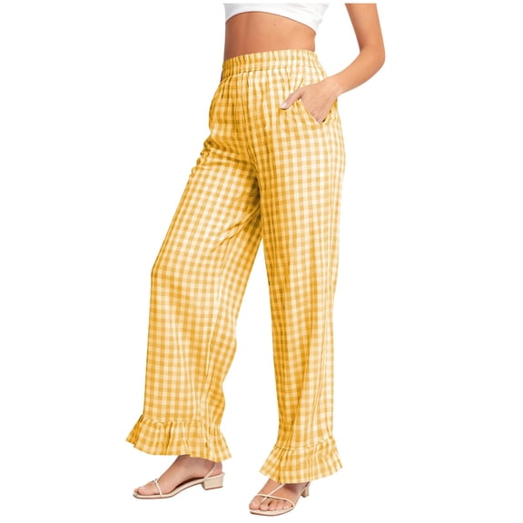 Hxshgdsn Womens Plaid Printed Pants Y2K Wide Leg Ruffle Hem Pajamas Pants Elastic Waist Trouser With Pockets Yellow Xl