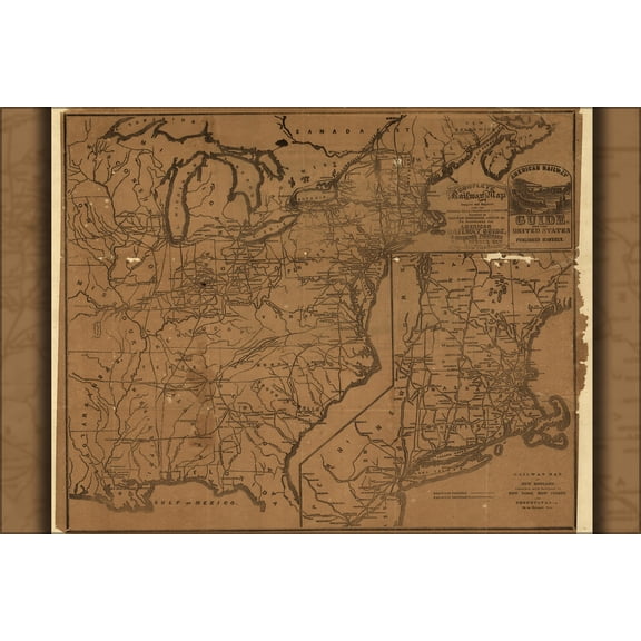 24"x36" Gallery Poster, railroad map of united states of america 1850's