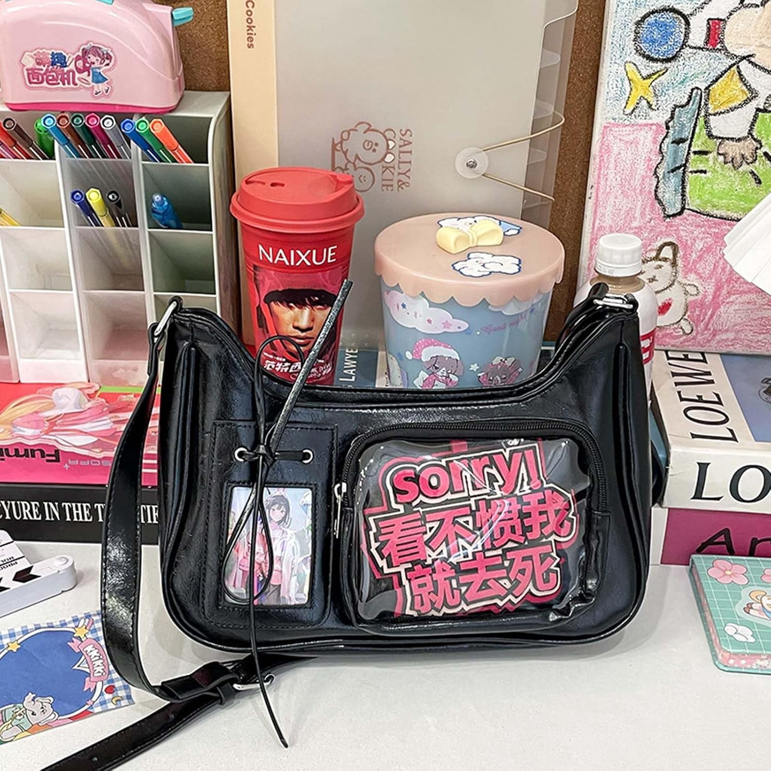 SPEKSEE Y2k Fashion Shoulder Bag Kawaii Lolita Ita Bag Badge Display Bag with Two Transparent Display Windows