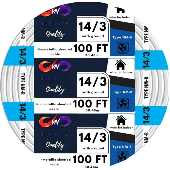 14/3 NM-B Wire with Ground NMB Cable 14 Gauge, 3 Conductor Electrical Wire Non-Metallic Sheathed Cable Residential Indoor Insulated Jacket (100ft)