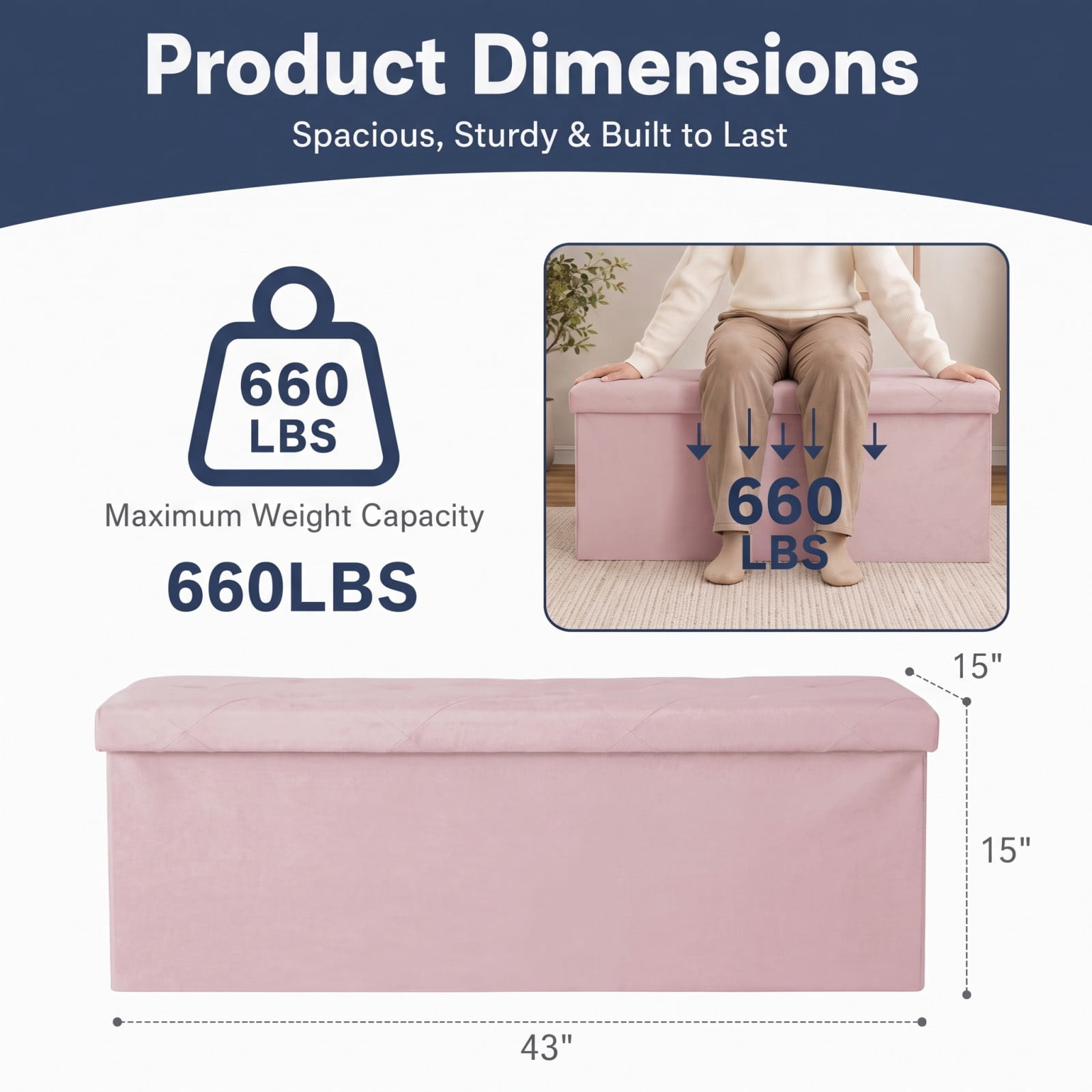 Telyra 43" Foldable Storage Ottoman Bench Fabric Footrest Stool with Foam Padded Seat, Pink