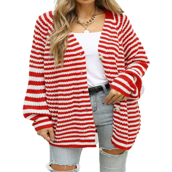 Cardigan Sweaters for Women Color Block Long Sleeve V Neck Sweater Fashion Kint Striped Open Front Button Outerwear