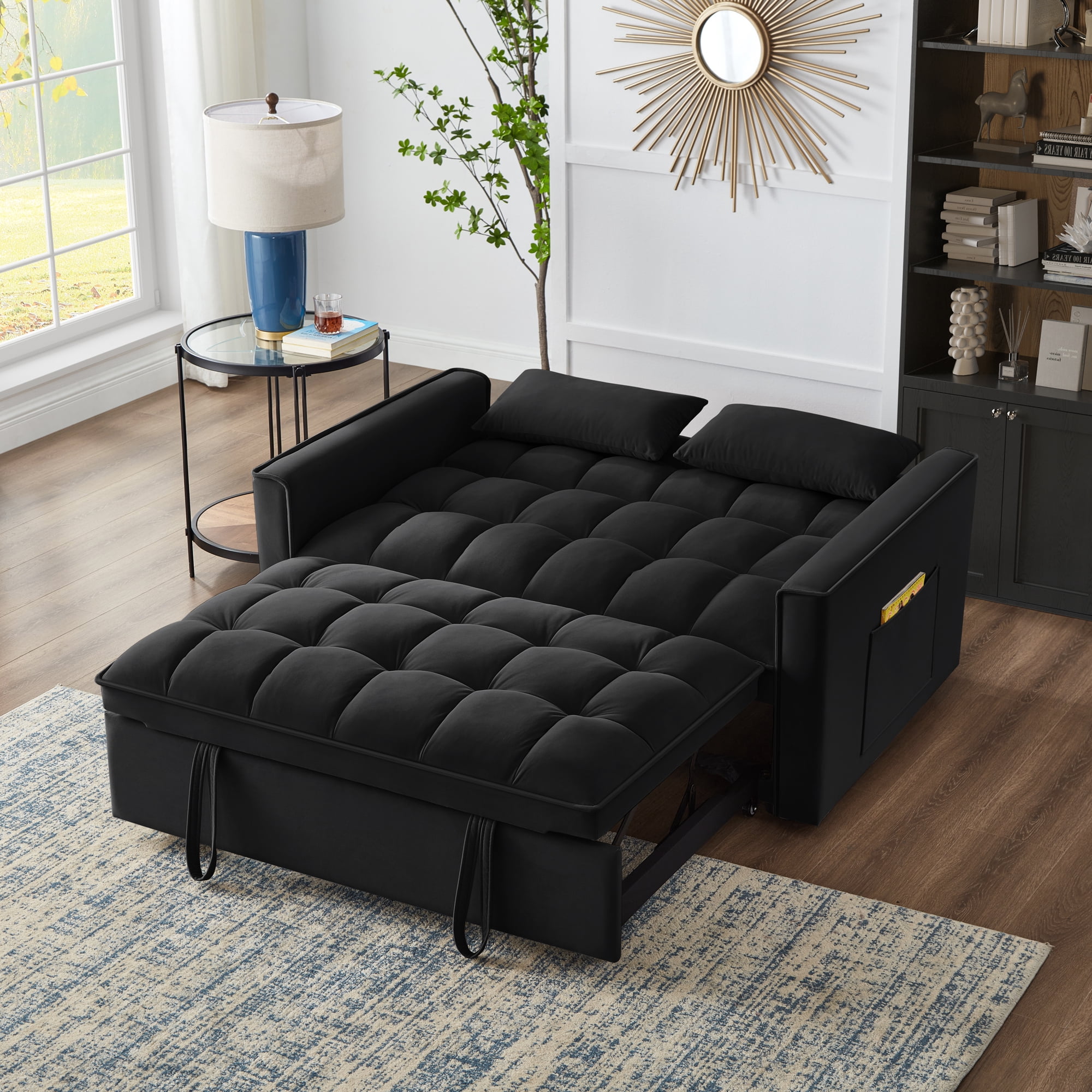 3 in 1 Convertible Sleeper Sofa Bed, 53" Modern Convertible Sofa Bed with 2 Detachable Arm Pockets,Velvet Pull Out Couch with Pull Out Bed for Living Room Furniture,Black