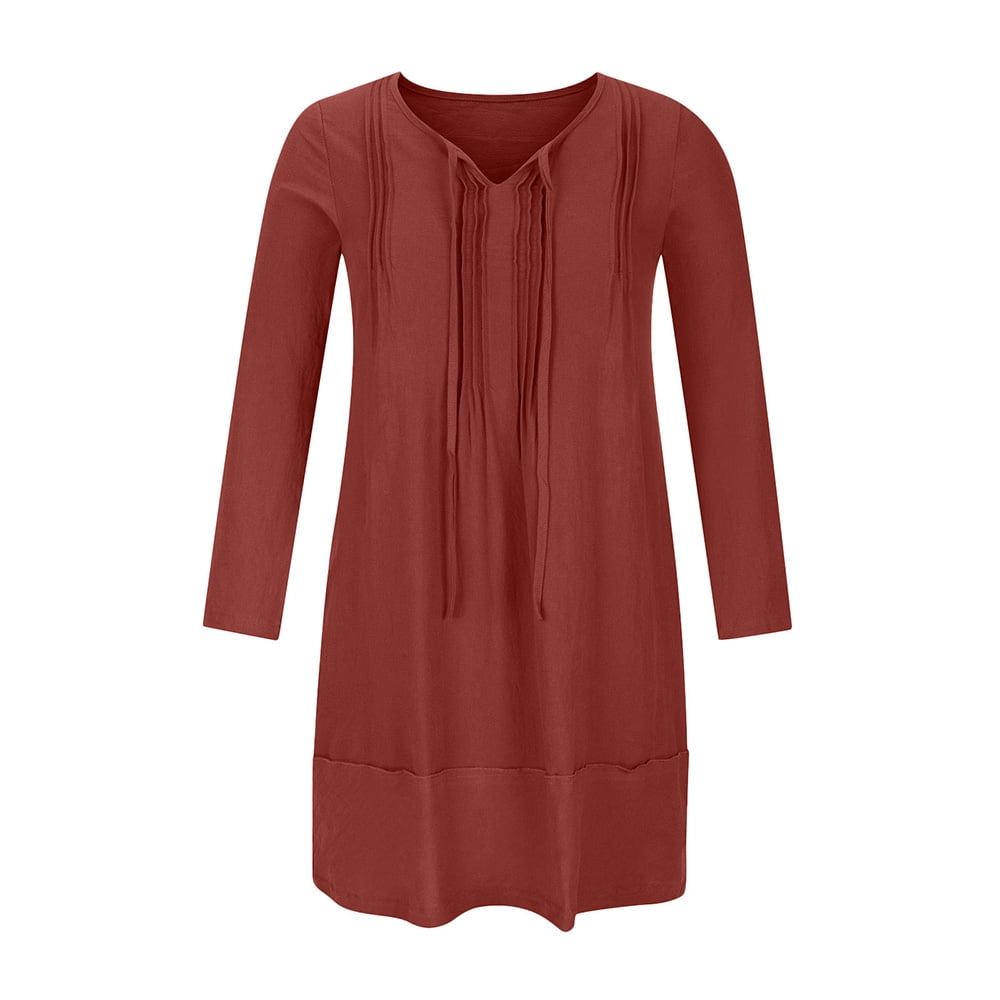 Ruziyoog Renaissance Dress Women Fashion Cotton And Linen V-neck Loose  Three Quarter Sleeve Solid Knee-High Dress Red S 