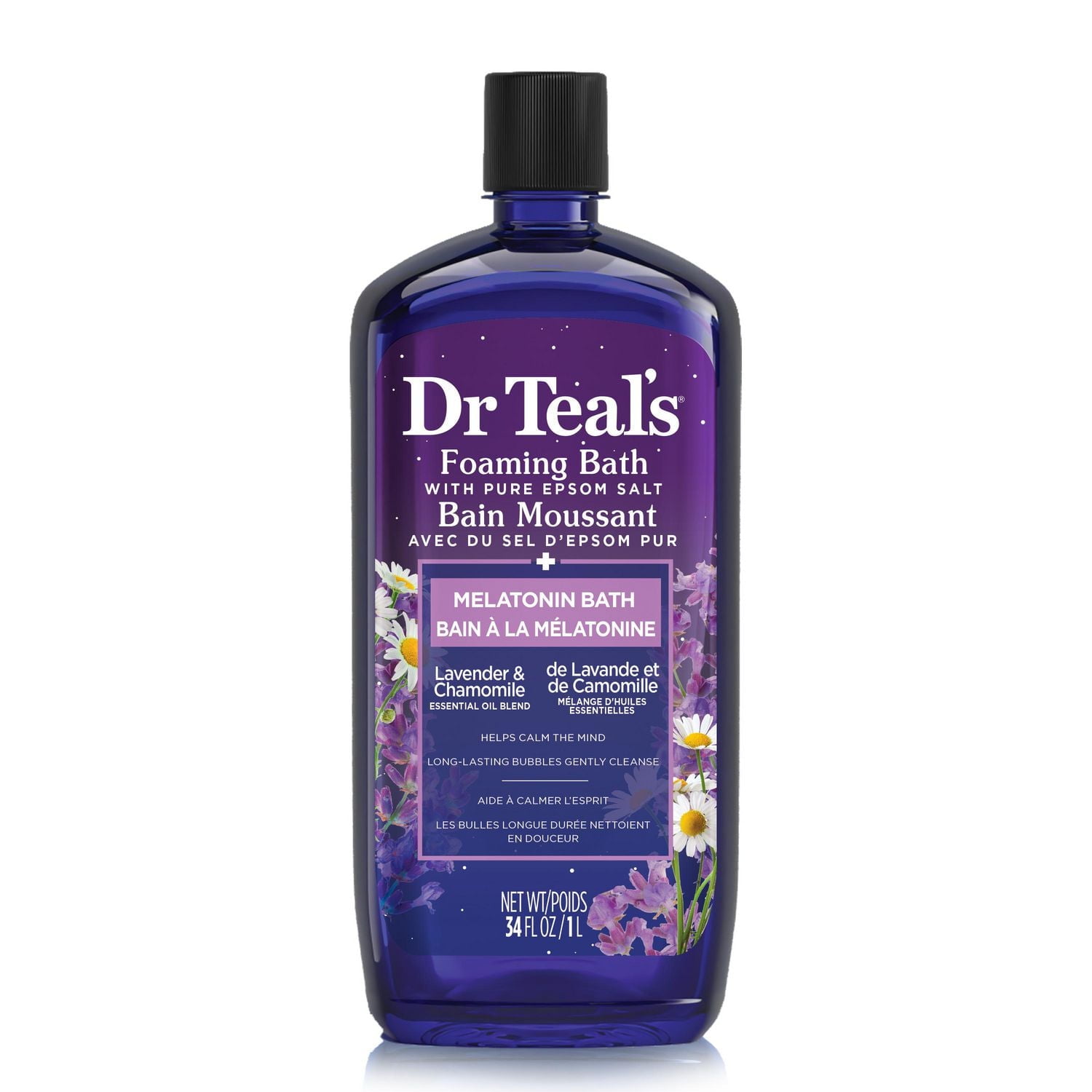 Dr Teal's Bain Moussant avec du Sel D'Epsom Pur, Bain à la Mélatonine, Lavande et de Camomille Mélange D'Huiles Essentielles, 34 fl oz 1L