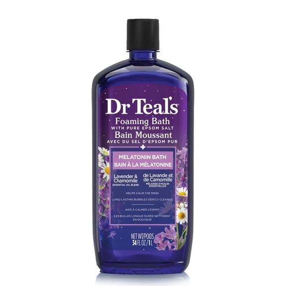 Dr Teal's Foaming Bath with Pure Epsom Salt, Melatonin Bath, Lavender & Chamomile Essential Oil Blend, 34 fl oz