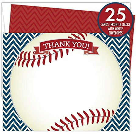 Baseball Flat Thank You Cards | 25 Flat Cards with 25 Bright White Envelopes (50 Count Total)