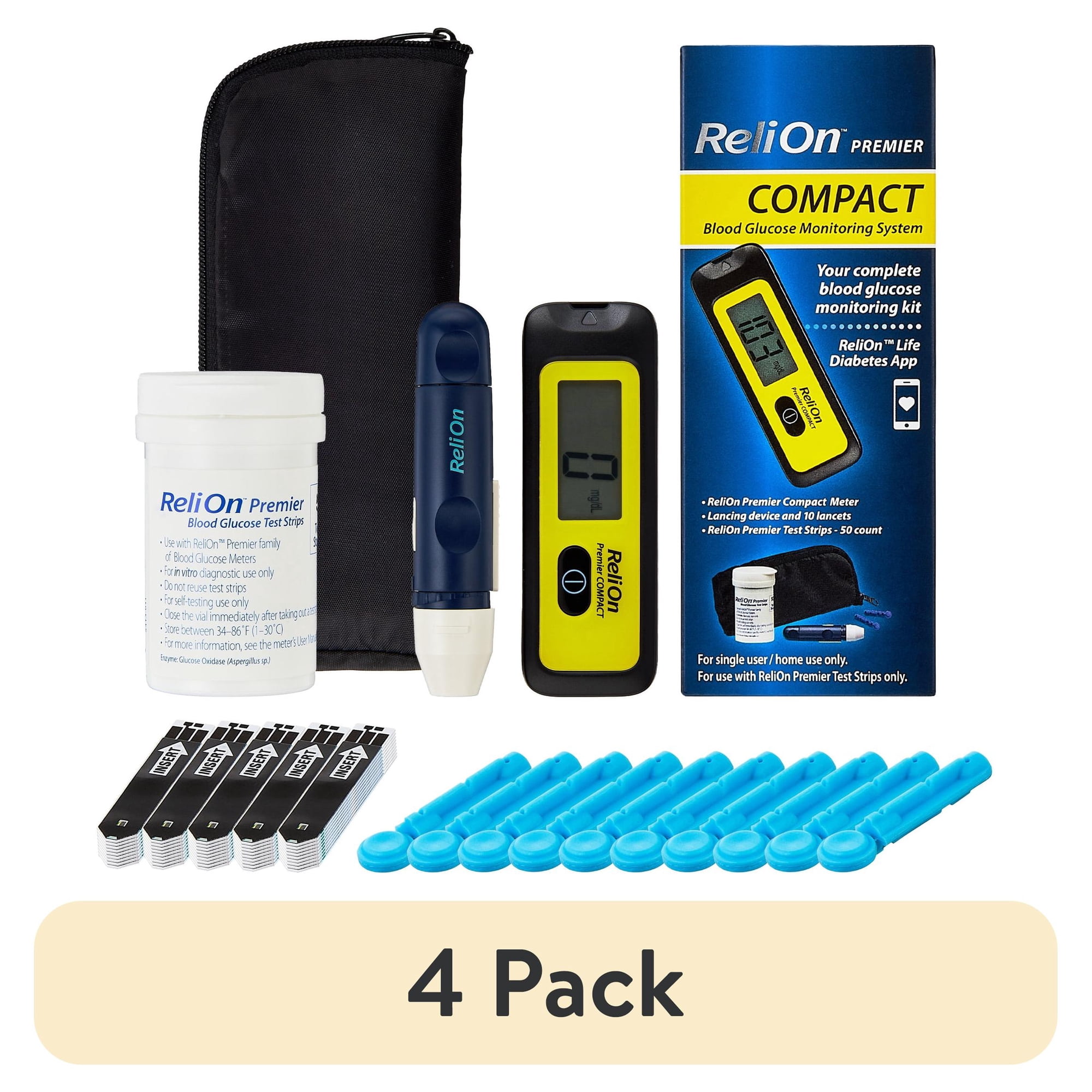 (4 pack) ReliOn Premier COMPACT Complete Blood Glucose Monitoring Kit