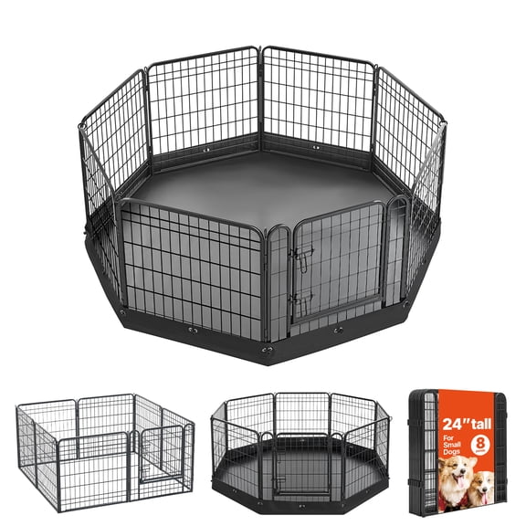 KFFKFF 24-Inch Foldable Dog Playpen with 8 Panels and Bottom Pad, Indoor Metal Pet Fence with Door, Durable Puppy Crate for Small Pets, Suitable for Dogs, Cats, and Other Animals, Black