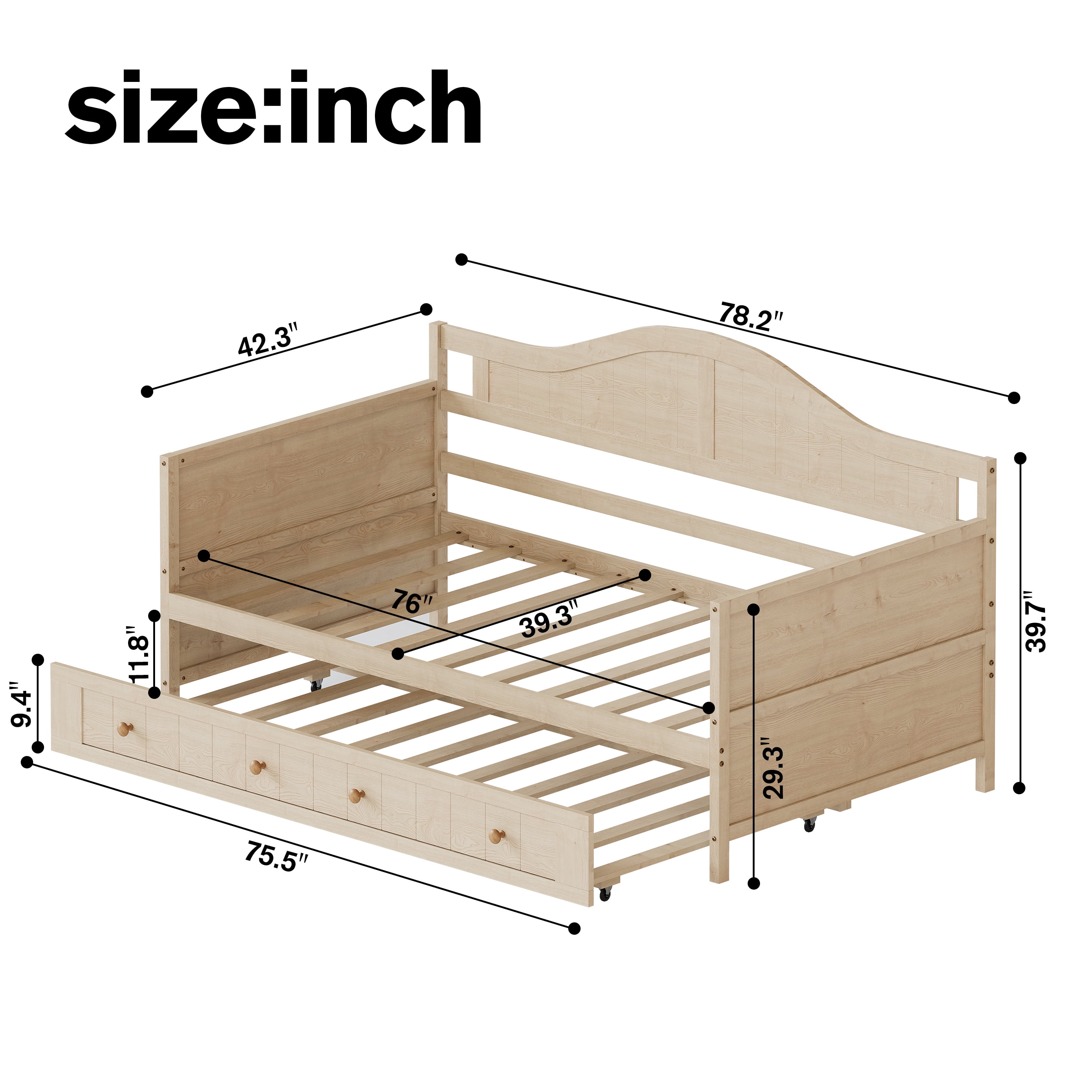 Twin Solid Wood Daybed with Drawer Rolling Trundle, Multi-Purpose Single Sofa Bed for Bedroom Living Room,Natural