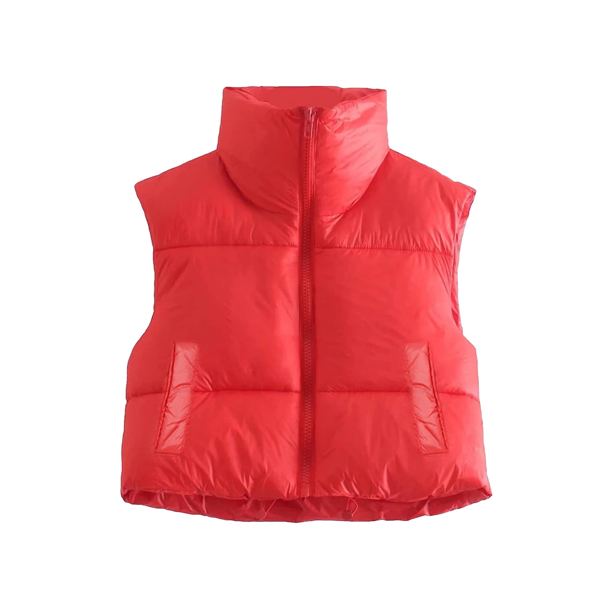 Women PU Leather Puffer Vest Sleeveless Stand Collar Zip Up Quilted  Lightweight Crop Jacket Padded Gilet Outerwear Waistcoat