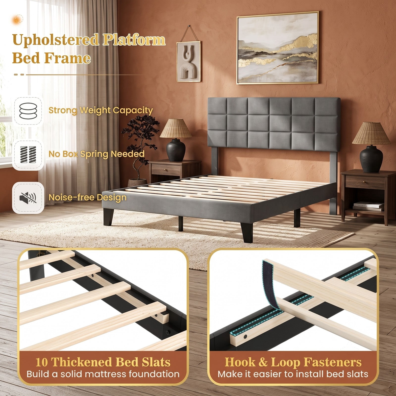 Furnibear Queen Size Bed Frame, Upholstered Linen Platform Bed with Adjustable Square Tufted Headboard and Wood Slats for Bedroom, Gray