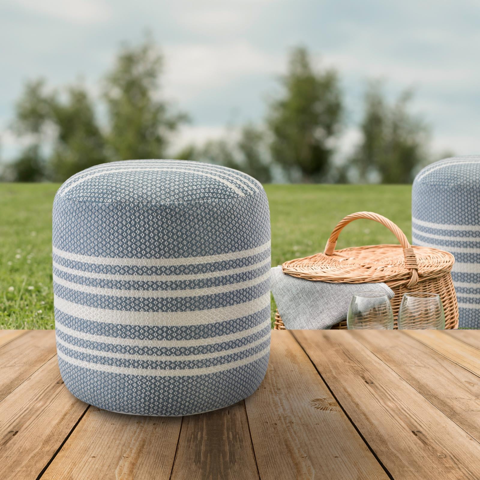 LR Home Medium Striped Indoor/Outdoor Cylinder Pouf, Light Blue