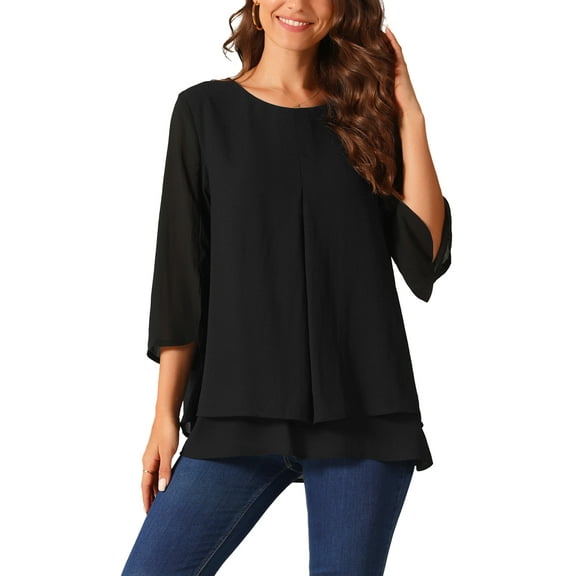 INSPIRE CHIC Women's Chiffon Blouse Round Neck 3/4 Sleeve Double Layered Casual Tunic Top XL Black