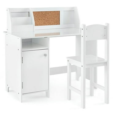 Canddidliike Wooden Kids Study Desk and Chair Set with Storage Cabinet and Bulletin Board-White, Kids Table for Arts & Crafts, Snack Time, Homeschooling, Homework