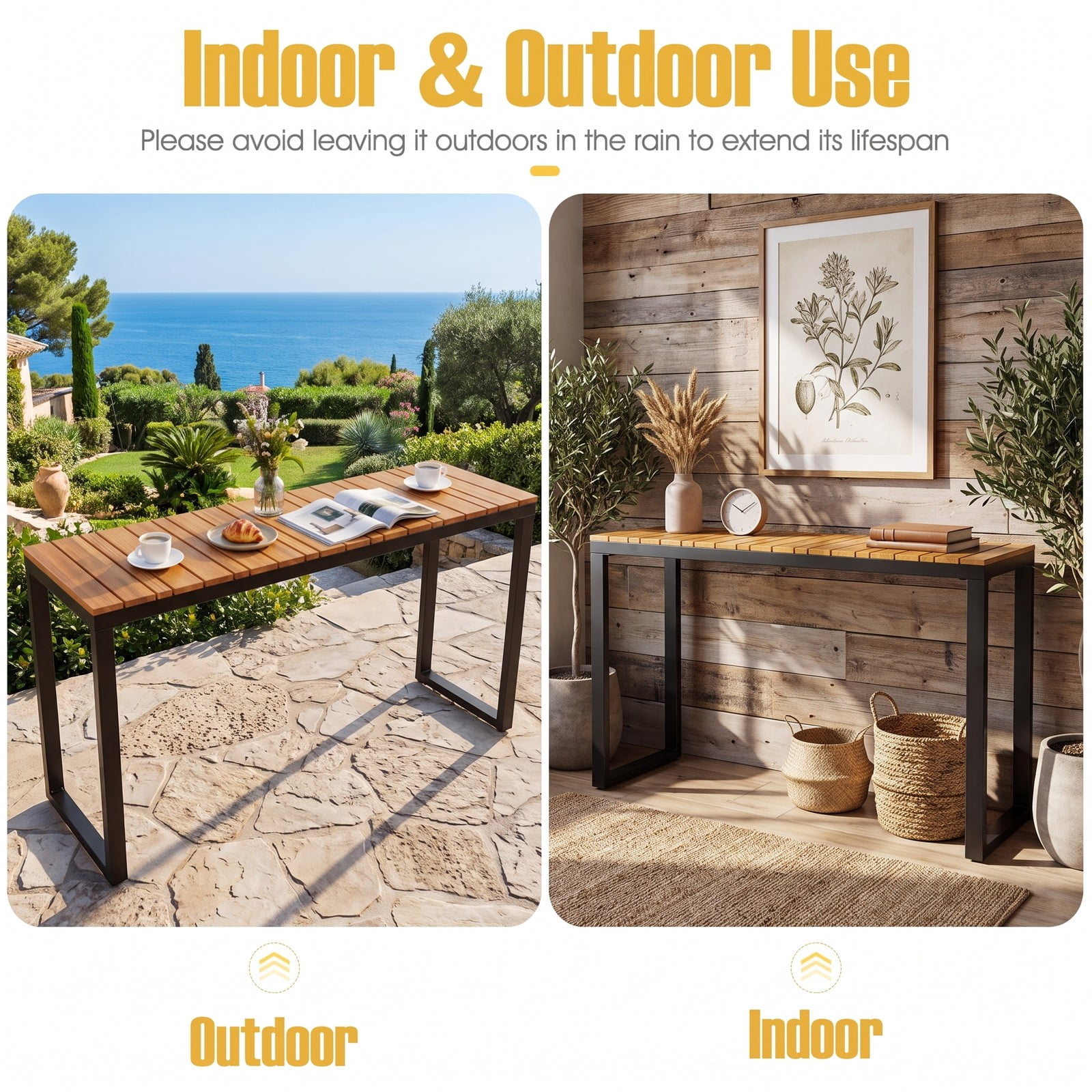 Furnibear Outdoor Rectangle Console Table with Slatted Acacia Wood Tabletop and Metal Frame for Patio and Living Room, Natural