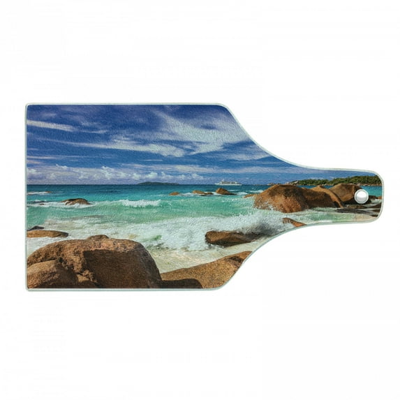 Tropical Cutting Board, Exotic Rocky Coast with Wave Seychelles Island Paradise Beach Scenery, Tempered Glass Cutting and Serving Board, Wine Bottle Shape, Cinnamon Blue Turquoise, by Ambesonne