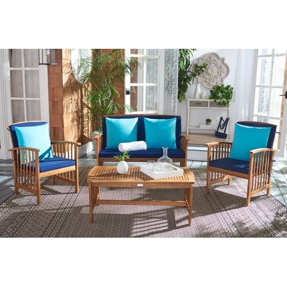 SAFAVIEH Outdoor Collection Rocklin 4-Piece Patio Set Natural Look/Navy