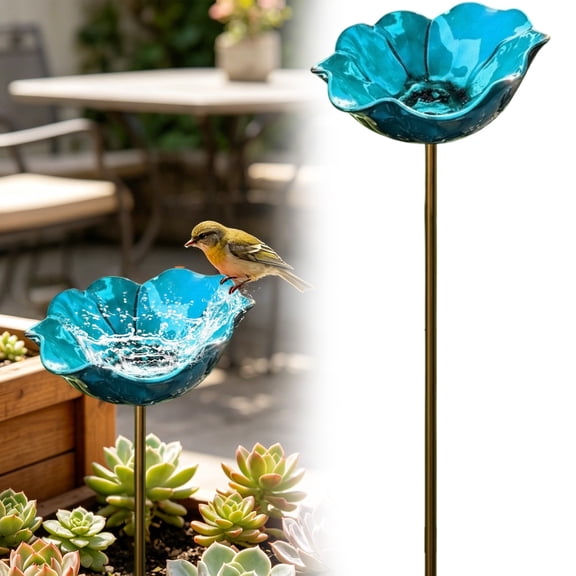 Bird Bath with Stake, 23.6X5.9inch Outdoor Flower Shaped Bird Bath Bowl, Decorative Garden Bird Feeder, Weather Resistant Yard Art, Colorful Flower Birdbath for Patio, Lawn and Backyard