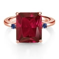 thumbnail image 2 of Gem Stone King 18K Rose Gold Plated Silver 12X10MM Red Created Ruby and 2MM Blue Created Sapphire 3 Stone Engagement Ring for Women | 5.79 Cttw | Gemstone July Birthstone | Size 6, 2 of 3