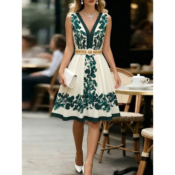 Dark Green Floral Print Deep V-Neck A-Line Midi Dress With Belt, Elegant Romantic Tea Dress For Women