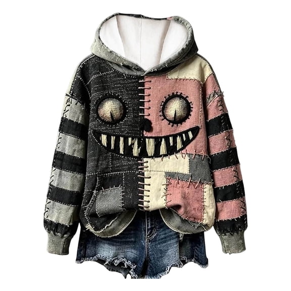 JIAYUE Women Pullover Hoodie Long Sleeve Patchwork Monster Face Print Sweatshirt With Pocket for Daily Travel