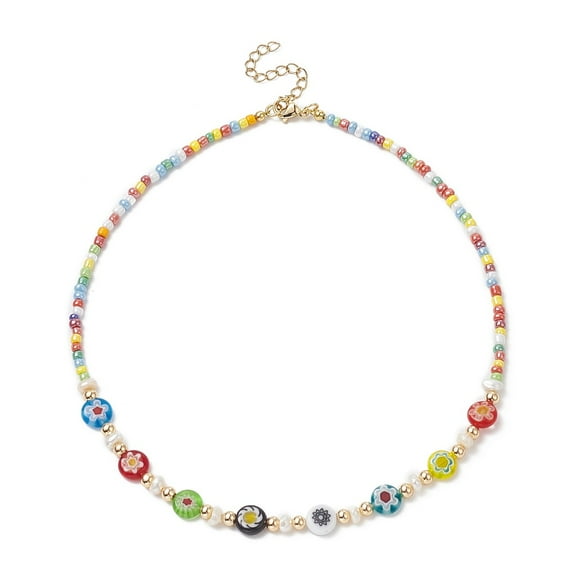 Natural Pearl & Millefiori Glass Flower & Seed Beaded Necklace for Women Colorful 14.49 inch(36.8cm)