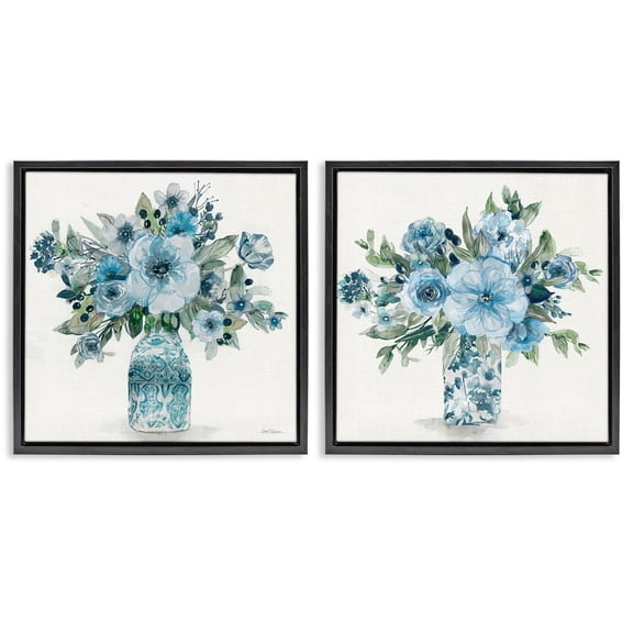 Stupell Industries Pastel Blue Floral Vase Arrangements 2 Piece Black Framed Floater Canvas Set, design by Carol Robinson