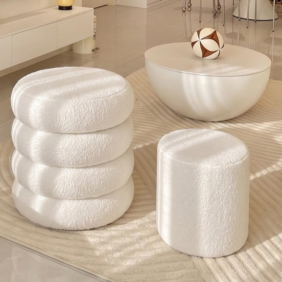 Round Ottoman 16.5 Inch, Storage Stool with Removable Lid for Living Room and Bedroom, Set of 2 Vanity Stools and Foot Rest, Beige
