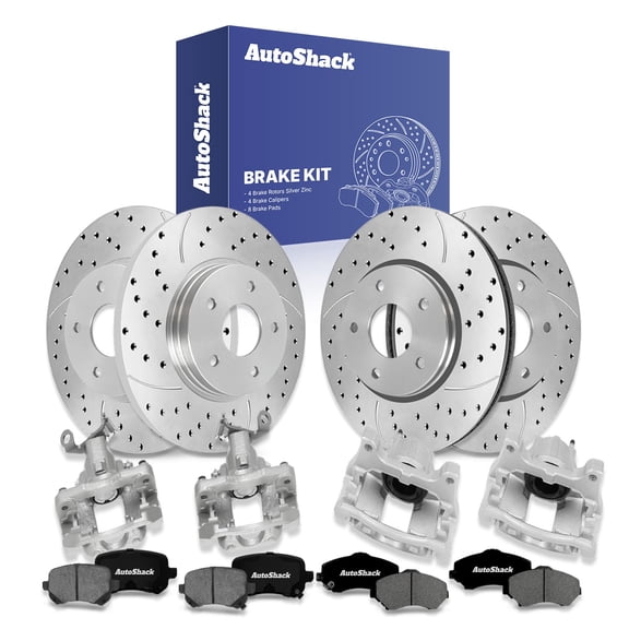 AutoShack Front Vented & Rear Solid Drilled & Slotted Silver Zinc Coated Brake Rotors   Premium Ceramic Pads   Calipers 16-PC Brake Kit Replacement for 2009-2011 Dodge Journey SilverShield Pro