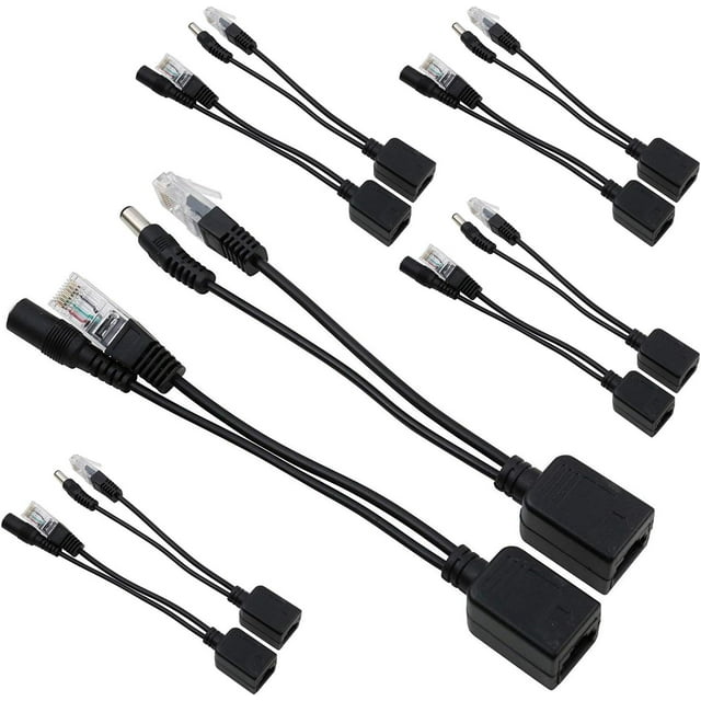 Power Over Ethernet Pive PoE Adapter Injector + Splitter Kit PoE Cable (Black, Pack of 5 Pairs)