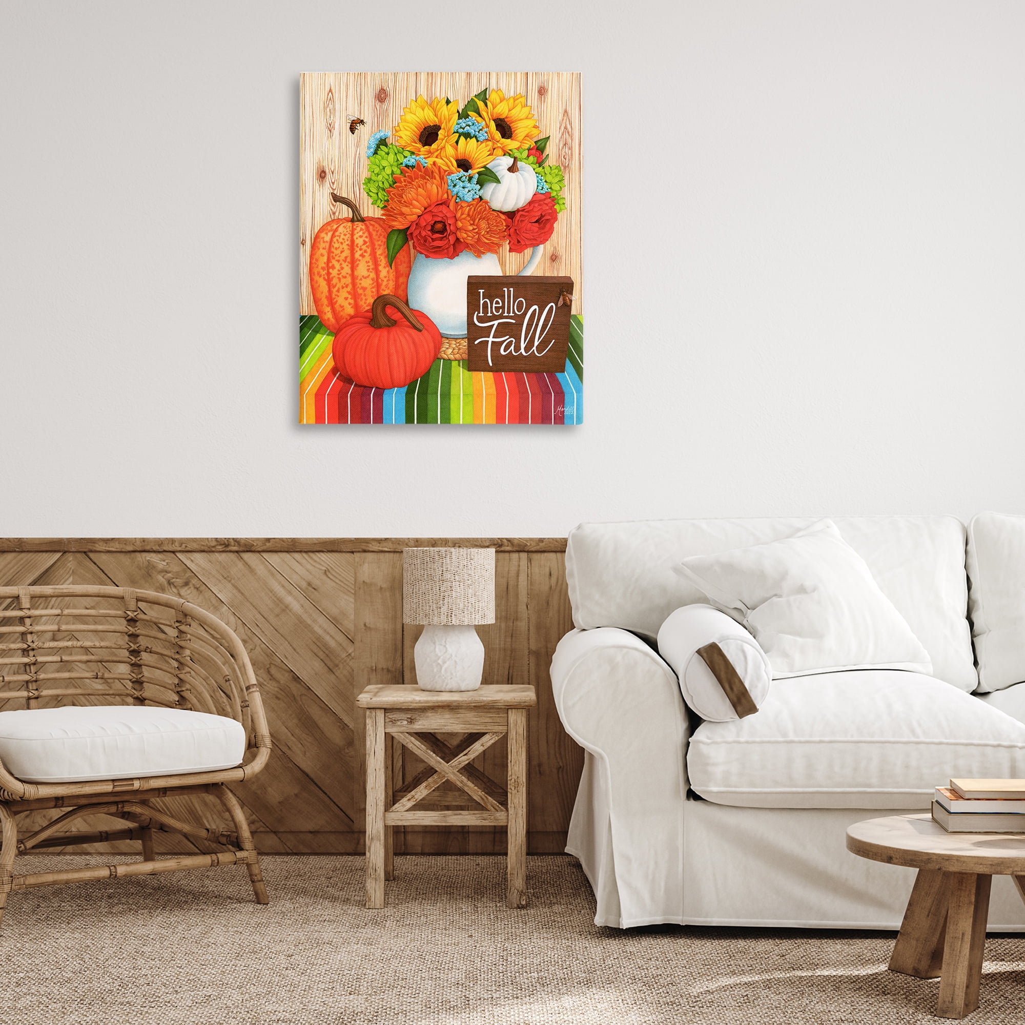 Stupell Industries Hello Fall Rainbow Pumpkins Holiday Painting Gallery Wrapped Canvas Art Prints Wall Art, 30 x 40