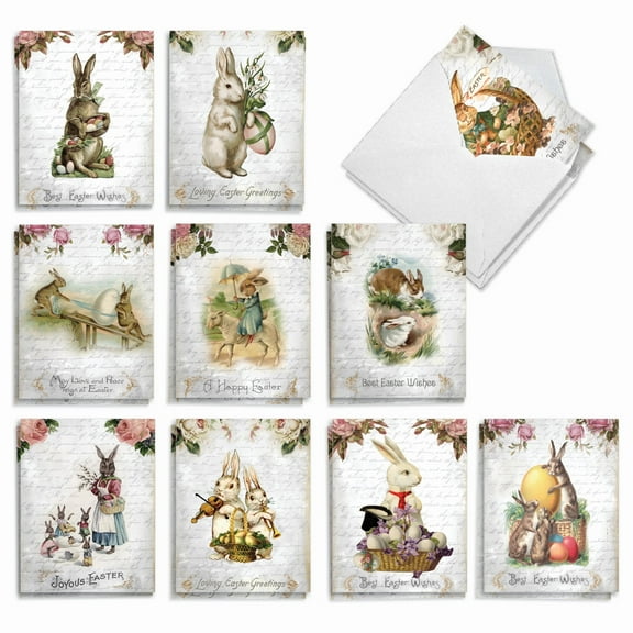 The Best Card Company 20 Assorted Easter Notecards Box Set 4 x 5.12 Inch with Envelopes (10 Designs, 2 Each) Bunny Notes AM10425EAG-B2x10