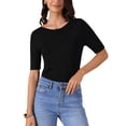 thumbnail image 1 of Camiseta básica de punto casual de manga corta para mujer INSPIRE CHIC, con cuello barco, ligera y elástica, talla XS, color negro, 1 of 6