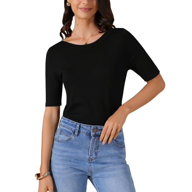 Camiseta básica de punto casual de manga corta para mujer INSPIRE CHIC, con cuello barco, ligera y elástica, talla XS, color negro