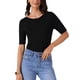 thumbnail image 1 of Camiseta básica de punto casual de manga corta para mujer INSPIRE CHIC, con cuello barco, ligera y elástica, talla XS, color negro, 1 of 6