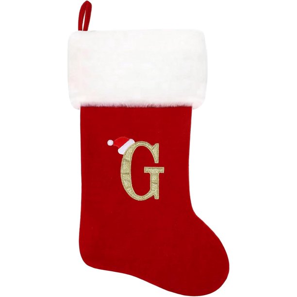 Medias navideñas YZhouD de 20 pulgadas con monograma de terciopelo rojo y puños de felpa blanca súper suaves, bordadas, clásicas y personalizadas, para decorar las fiestas familiares (letra M)