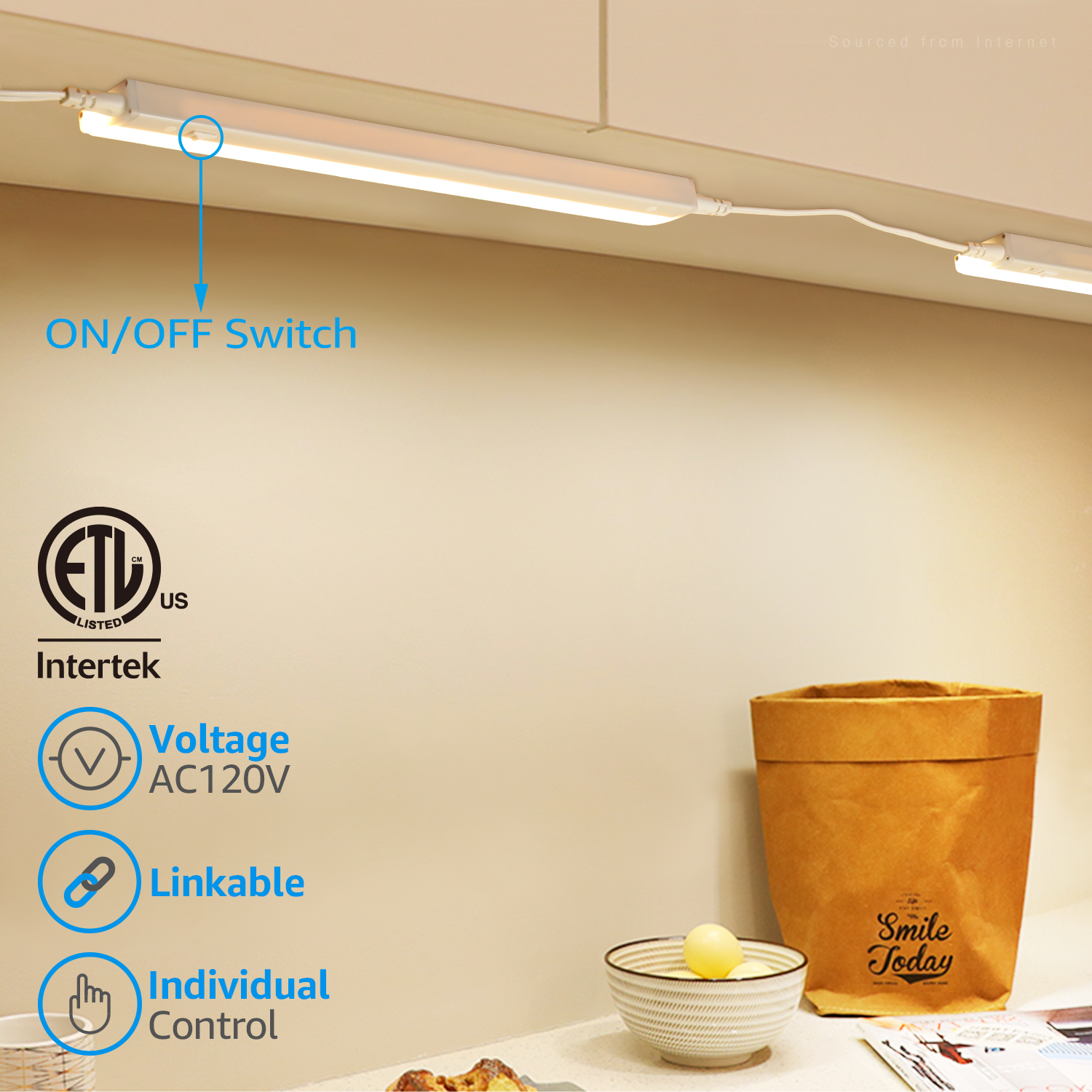 8 Pack LED Under Cabinet Task Lighting, 8W, 16 Inch, 3000K Warm White, ETL Listed, Linkable, Plug in, White Finished (Included 2*Power Cord)