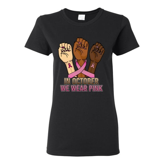 Wild Bobby In October We Wear Pink Protest Fists Breast Cancer Awareness Women Graphic Tee, Black, Small