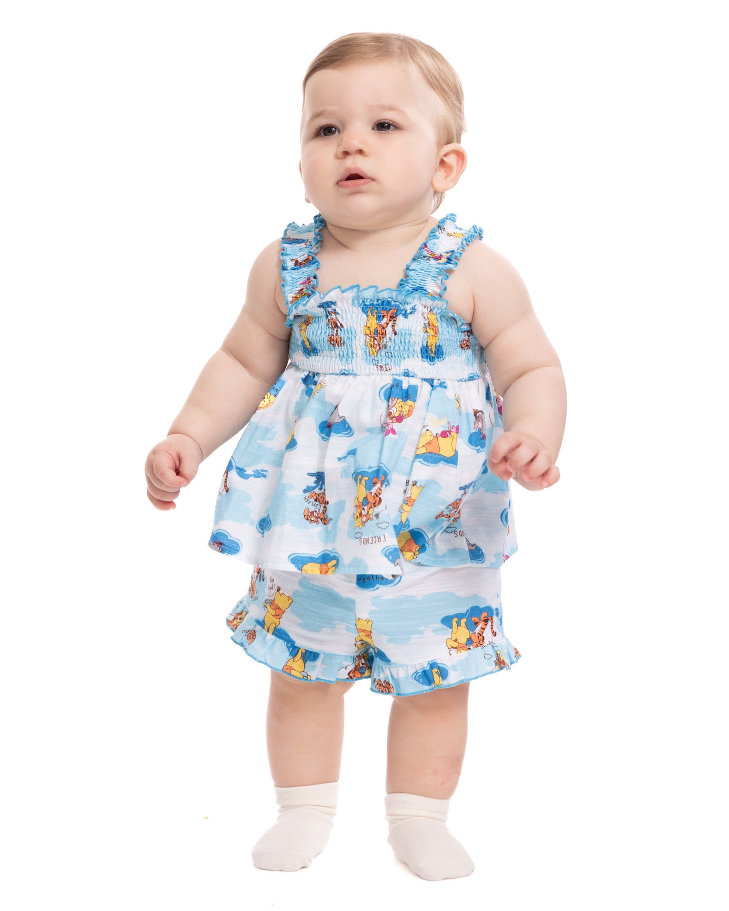 Winnie the Pooh Baby Girls' Smocked Cotton Tank Top, Shorts and Headband Set, 3-Piece, Sizes 0/3M-24M
