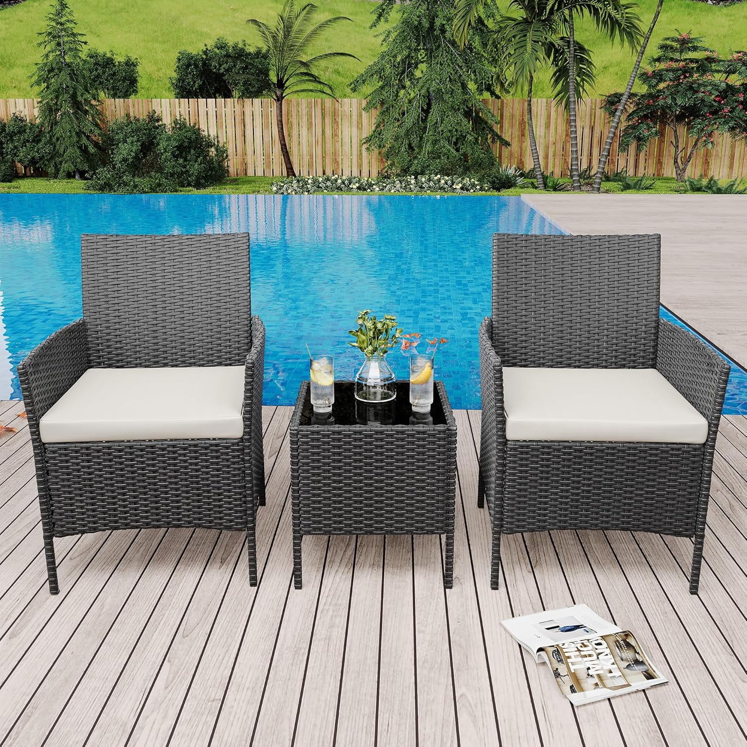 IdealHouse 3 Piece Patio Furniture Set, Rattan Outdoor Furniture with 2 Chairs & Coffee Table, Modern Outdoor Seating Conversation Bistro Set for Garden Backyard Porch (Black and Beige)