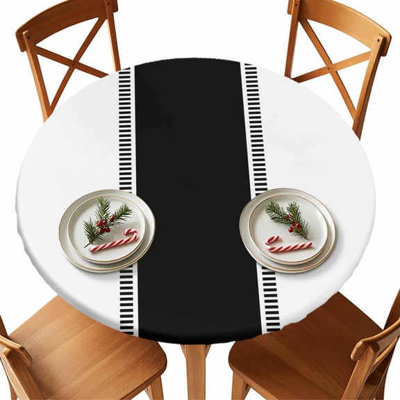 Round Tablecloth Black Farmhouse Striped Elastic Edge Fitted White Plastic Table Cover,Waterproof Oil Proof for Dinner,Outdoor, Picnic, 55"- 60" DIA Tables