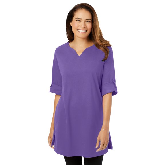 Woman Within Plus Size Perfect Roll-Tab-Sleeve Notch-Neck Tunic