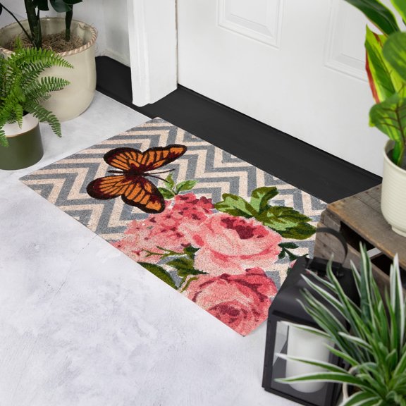 Northlight Coir Rose with a Butterfly Chevron Spring Door Mat 18" x 30"