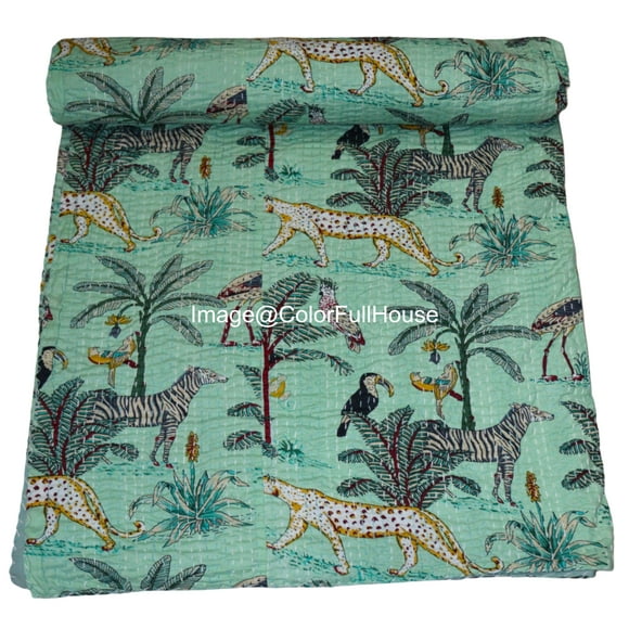 Indian Handmade Animal Print Cotton kantha Quilt, Village art gudri,Hand Stitch Quilt,Bedspread, Blanket Size ( Single 60" x 90" )