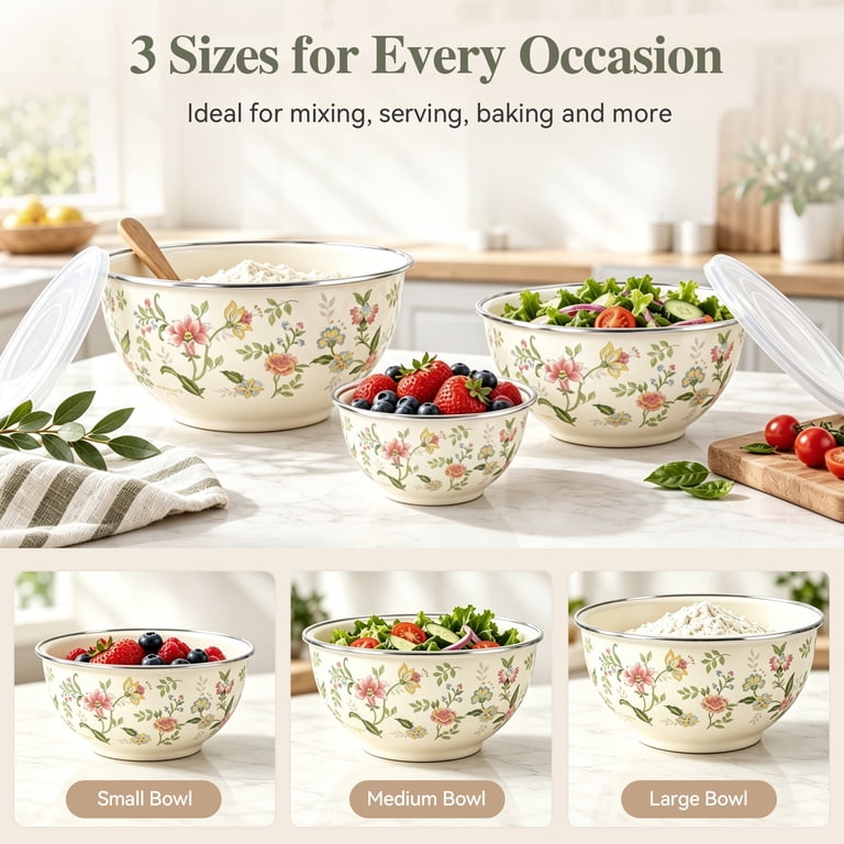 TINANA 3-Piece Enamel Mixing Bowls with Lids, Vintage Floral photo 3